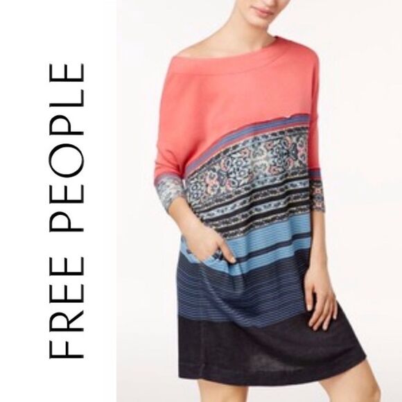 Free People Steppin Out Tunic Shift Dress Small 3/4 Sleeves Oversized Pocket - Picture 1 of 10